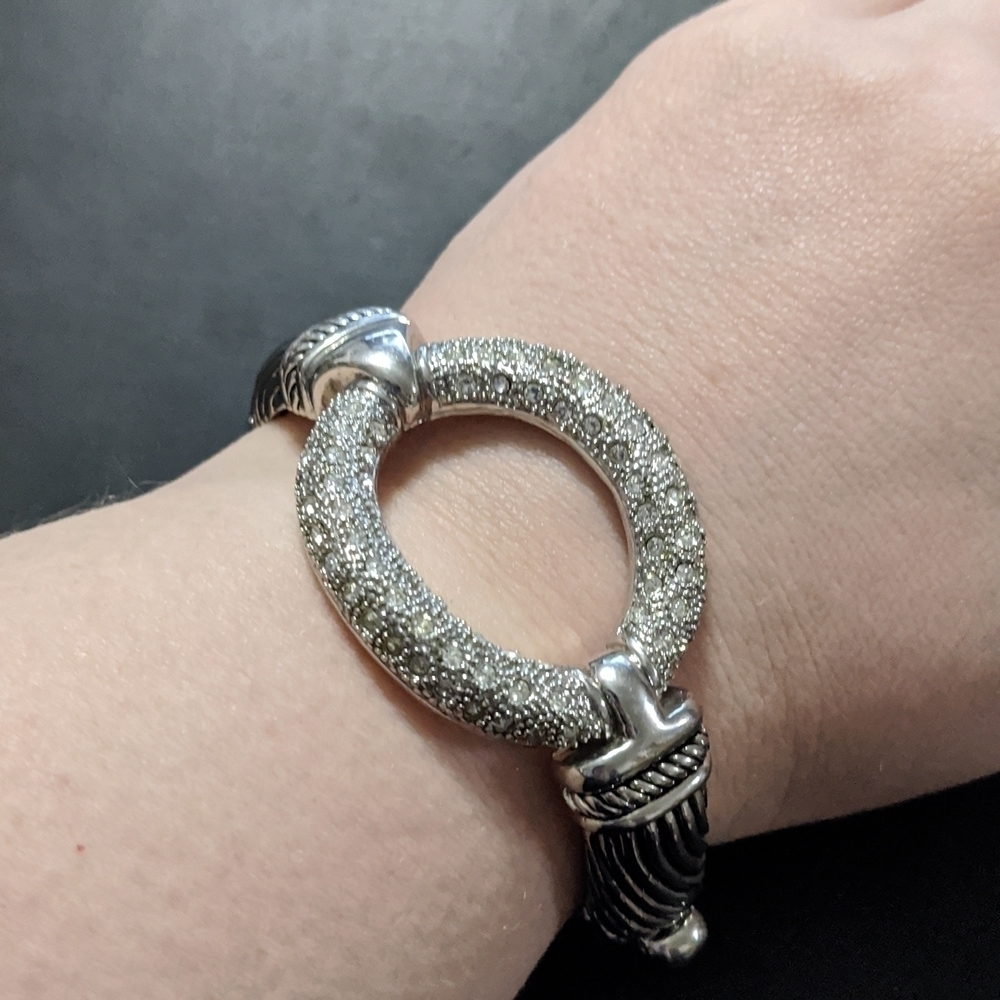 Silver Tone Clear Rhinestone Open Circle Hinged Cuff Statement Bracelet